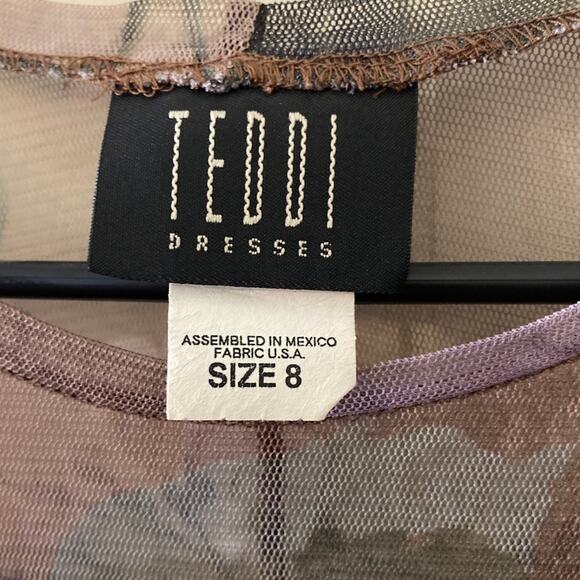 Y2k 90s Floral Maxi Dress TEDDI Short Sleeve Size 8 Sheer Stretch Ruffle Bodycon - Picture 2 of 13